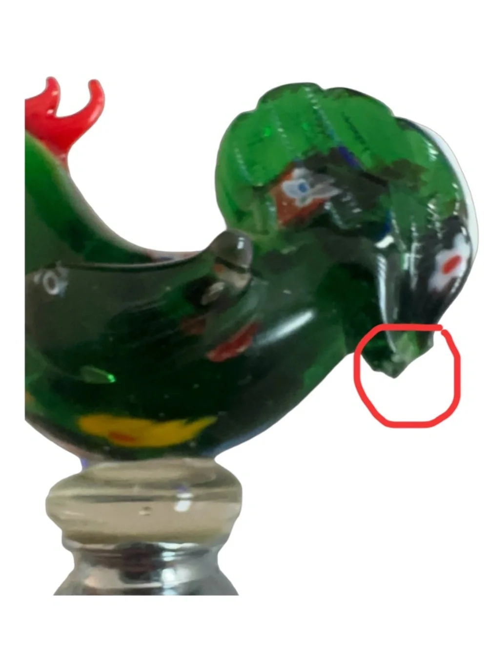 Hand-blown Green Art Glass Rooster Wine Bottle Stopper